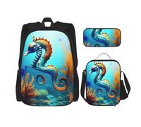SXZVVBN Seabed Coral Seahorse Sac à dos d'école Boîte à déjeuner Crayon Set | Sac à livres durable pour ordinateur portable pour étudiants, adultes, voyage, boîte à crayons isolée