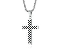 SYAVR Collier croix en acier titane à carreaux noir et blanc, pendentif de prière de personnalité de niche, couvre-chef à motifs d’échiquier