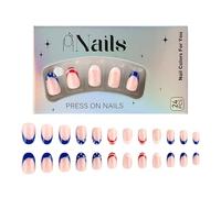 syayw Ongles en Gel Autocollants Style Français | 24 Pièces Courtes Forme Amande Décorations Drapeau Fête Nationale - Bout Amande Couverture Intégrale Design Drapeau Naturel Soin Beauté Femmes Filles