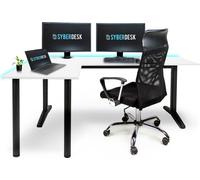 SyberDesk Gaming Bureau d'angle V2 LED, 197 x 132 cm, table de jeu RGB en forme de L, hub USB, gestion des câbles, bureau informatique en forme de L, (gauche, blanc)