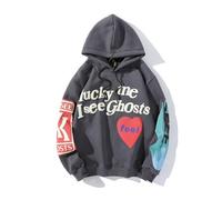 Sybnwnwm Sweat à capuche Hip Hop pour femme avec inscription « Lucky me I See Ghosts » - Pull à capuche Streetwear Sportswear, A-gris, XL