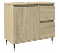 SYDE Armoire lavabo en bois chêne Sonoma 65 x 33 x 60 cm | Contreplaqué résistant, 1 compartiment, 2 tiroirs, porte réversible, pieds en fer industriel