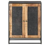 SYDE Buffet en bois de manguier rugueux 60 x 35 x 75 cm | Style industriel, structure en fer, deux portes sculptées, grand rangement