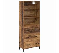 SYDE Buffet haut en bois vieilli 69,5 x 34 x 180 cm | Avec portes, montage mural, étagères résistantes, pieds cylindriques, pour salon