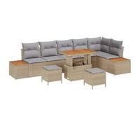 SYDE Ensemble de canapés de jardin 9 pièces beige | Polyrotin, bois d'acacia, coussins polyester, rangement caché, extérieur