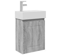 SYDE Module de salle de bain avec robinetterie Sonoma Gris 45,5 x 22,5 x 84 | Lavabo en céramique, montage mural, porte réversible, robinet mitigeur argenté, bonde trop-plein