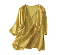 SYDUZAX Chemises Coton et Lin pour Femmes Manches 3/4 Col en V Tunique T-Shirts à Broderie Florale élégants Décontractés Amples Rétro Vintage Haut de Plage Boho Graphique Blouse Respirant Pas Cher