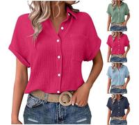 SYDUZAX Chemises Femme Grande Taille T-Shirt Manches Courtes pour Femmes Hauts à Revers Couleur Unie Chemisiers et Blouses Femme avec Boutonné Ample Vêtements à La Mode Loisirs Quotidiennes