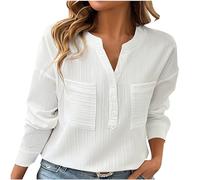 SYDUZAX Chemisier Blanc Femme Col V Haut avec Boutons Manches Longues Blouse de Travail pour Femmes Tunique Décontractées Ample Mode Tee Shirt Couleur Unie avec Poches Tops Lâche Respirant Pas Cher