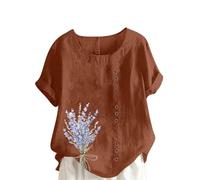 SYDUZAX Chemisiers et Blouses Femme Imprimé Floral T-Shirt à Manches Courtes et Col Rond pour Femmes Chemise Coton et Lin Boutons Décontracté Vêtements à La Mode Loisirs Quotidiennes