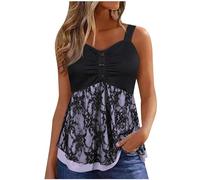 SYDUZAX Débardeurs Femme Chic Dentelle Patchwork T-Shirts Sans Manches Jacquard Plissé Nouveau Tops Col en V avec Boutons Pour Femmes Décontracté Tendance Camisole Épaules Dénudées Hauts Ample Mode