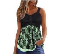 SYDUZAX Débardeurs Femme Chic Dentelle Patchwork T-Shirts Sans Manches Jacquard Plissé Nouveau Tops Col en V avec Boutons Pour Femmes Décontracté Tendance Camisole Épaules Dénudées Hauts Ample Mode