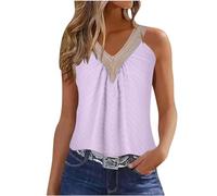 SYDUZAX Dentelle Débardeurs Femme Jacquard T-Shirt Patchwork Couleur Unie Hauts D'été Blanc Sans Manches Sexy Camisole Col Licou Décontracté Ample Mode Vêtements de Détente pour Les Vacances Top