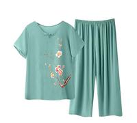 SYDUZAX Ensemble 2 Pièces Coton Lin Été Ensembles de Pyjama Femme Ensemble Femme Grande Taille Haut et Pantalon Décontracté Chic Imprimé Floral Manches Courtes Détente Léger Respirant Pas Cher Casual