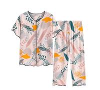 SYDUZAX Ensemble de Pyjama Femme 2 pièces Chemises de Nuit Deux pièces Top Manches Courtes et Pantacourt Imprimé Floral Femme Vêtements de Nuit Printemps été Doux et Confortables Décontracté