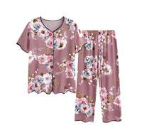 SYDUZAX Ensemble de Pyjama Femme 2 pièces Chemises de Nuit Deux pièces Top Manches Courtes et Pantacourt Imprimé Floral Femme Vêtements de Nuit Printemps été Doux et Confortables Décontracté