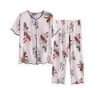 SYDUZAX Ensemble de Pyjama Femme 2 pièces Chemises de Nuit Deux pièces Top Manches Courtes et Pantacourt Imprimé Floral Femme Vêtements de Nuit Printemps été Doux et Confortables Décontracté