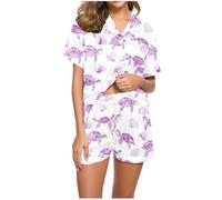 SYDUZAX Ensemble de Pyjama Femme 2 Pièces Loungewear Vêtements de Nuit Ensembles Femme Ete Imprimé Tortue Hauts à Revers Manches Courtes et Short Costume Femmes Coupe Ample Doux et Confortables