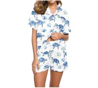 SYDUZAX Ensemble de Pyjama Femme 2 Pièces Loungewear Vêtements de Nuit Ensembles Femme Ete Imprimé Tortue Hauts à Revers Manches Courtes et Short Costume Femmes Coupe Ample Doux et Confortables