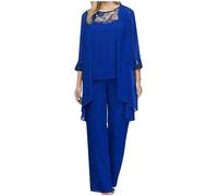 SYDUZAX Ensemble Femmes Haut en Mousseline Manches Longues Col Rond Pantalon 3 Pièce Femmes Costume Haute Jambe Droite Pantalon Dentelle Ample Ensemble Couleur Unie Costume Trois PièCes Décontractée