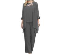 SYDUZAX Ensemble Femmes Haut en Mousseline Manches Longues Col Rond Pantalon 3 Pièce Femmes Costume Haute Jambe Droite Pantalon Dentelle Ample Ensemble Couleur Unie Costume Trois PièCes Décontractée