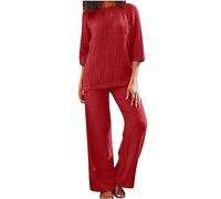 SYDUZAX Ensemble Jogging Femme Coton et Lin Survêtement 2 Pcs T-Shirts Manches 3/4 + Pantalon Costume Décontracté Tenue de Plage Loungewear Ensemble Pantalon Fluide Femme Couleur Unie Set Casual