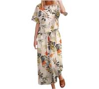 SYDUZAX Ensemble Lin Femme Chic et Elegant 2 Pièces Femme Bohème Imprimé Floral Costume Chemisier Manches Courtes + Pantalon à Jambes Larges Loungewear Tenue de Sport Décontracté Streetwear