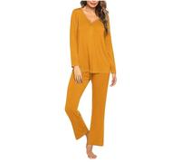 SYDUZAX Ensemble Pyjama Femme Automne Vêtements De Nuit Léger Ensembles Loungewear Haut Manches Longues Col V et Pantalon pour Femmes Costume 2 Pièces Doux Confortables Ensembles Ample Couleur Unie