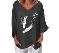 SYDUZAX Femme T-Shirt D'été Grande Taille Haut Manches 3/4 Coton et Lin Hauts Imprimé Col en V Couleur Unie Chemisiers Plage Travail Tunique Blouse Polyvalente Décontracté Coupe Ample Mode Tops
