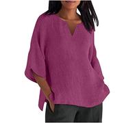 SYDUZAX Femme T-Shirt Manches 3/4 Couleur Unie Chemisier Coton et Lin Printemps Eté Col en V Décontracté Coupe Ajustée Hauts Polyvalente Blouse Ample et Mince Tops Casual Baggy Mode Lâche Respirant
