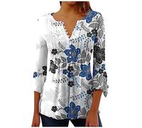 SYDUZAX Femmes Pull Manches 3/4 Col en V Pullover Plissé Fleurs Imprimé Grande Taille Hauts Tendance Décontracté Confortable Léger Blouse Tunique Loose Tops Pas Cher Casual Vêtements Ample Mode