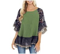 SYDUZAX Femmes T-Shirt Patchwork Imprimé Floral Mousseline de Soie Tops D'été Manches Courtes Chemise Mode Col Rond Blouse Ourlet à Volants Léopard Printemps Eté Haut Ample Mode Manches Chauve-Souris