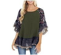 SYDUZAX Femmes T-Shirt Patchwork Imprimé Floral Mousseline de Soie Tops D'été Manches Courtes Chemise Mode Col Rond Blouse Ourlet à Volants Léopard Printemps Eté Haut Ample Mode Manches Chauve-Souris