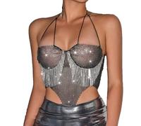 SYDUZAX Haut Dos Nu Sexy Femme Débardeur Brassière Orné De Strass Femmes Sexy Hauts de Danse à Sequin Jazz Latine du Ventre Débardeur Bar Crop Clubwear Dancewear Tops Fête Club Soirée Party