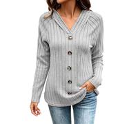 SYDUZAX Hauts à Capuche Côtelé Brossé Femme Manches Longues Pulls Col V Boutonné Doux et Respirants Hoodie d'automne Femmes Sweat-Shirt Tunique Ample Et Décontractée