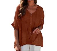 SYDUZAX Hauts D'été pour Femme Ample à Col en V Tunique T-Shirts Léger Coton et Lin Décontracté Coupe Ample avec Boutons Grande Taille Chemisier Top D’entraînement Port Quotidien Hauts Polyvalente