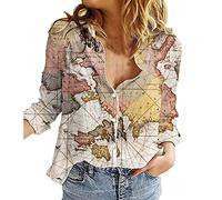 SYDUZAX Hauts Femme Imprimé Floral avec Boutonné Blouse Col en V T-Shirt Coton et Lin Cardigan à Boutons Manches Longues Respirant Décontractée pour Le Bureau Chemise Coupe Classique Top Mode Loisirs