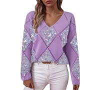 SYDUZAX Pull Femme Paillettes Col V Maille Losange Chic Soirée Hiver | Pull Tricot Femme, Doux et Coupe Ample, Manches Longues, Ajouré, Brillant, Élégant, Fête Noël, Cadeau Glamour