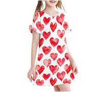 SYDUZAX Robe de Plage Pour Enfants et Filles Robes Fluide Filles Imprimé Coeur Printemps Eté Jupe à Manches Courtes Décontracté Enfant Chemise de Nuit Lâche Respirant 3-12 Ans