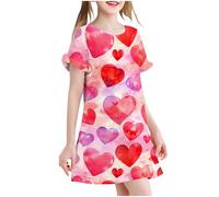 SYDUZAX Robe de Plage Pour Enfants et Filles Robes Fluide Filles Imprimé Coeur Printemps Eté Jupe à Manches Courtes Décontracté Enfant Chemise de Nuit Lâche Respirant 3-12 Ans