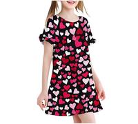SYDUZAX Robe de Plage Pour Enfants et Filles Robes Fluide Filles Imprimé Coeur Printemps Eté Jupe à Manches Courtes Décontracté Enfant Chemise de Nuit Lâche Respirant 3-12 Ans