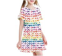 SYDUZAX Robe de Plage Pour Enfants et Filles Robes Fluide Filles Imprimé Coeur Printemps Eté Jupe à Manches Courtes Décontracté Enfant Chemise de Nuit Lâche Respirant 3-12 Ans