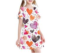 SYDUZAX Robe de Plage Pour Enfants et Filles Robes Fluide Filles Imprimé Coeur Printemps Eté Jupe à Manches Courtes Décontracté Enfant Chemise de Nuit Lâche Respirant 3-12 Ans