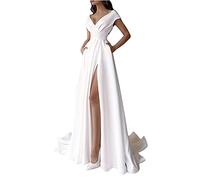 SYDUZAX Robe de Soirée Blanche Chic et Élégant - Cocktail Fendues Mariage Sexy Bal De Promo D'été Vintage Casual Ceremonie - Col en V Slim Fit Couleur Unie