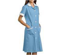 SYDUZAX Robe de Travail Femme Blouse Professionnelle D'infirmière Uniforme Femme Tunique Uniforme Robes Manches Courtes avec Boutons Médical Esthéticienne Tenue Vêtements Medicale Couleur Unie