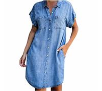 SYDUZAX Robe en Jeans Femme Été avec Boutonné Été Denim Robe Manches Courtes Couleur Unie Casual Robe Mi Longue Col à Revers Robe Jeans avec Poches Mode Décontracté Cardigan à Boutons Ample Leger