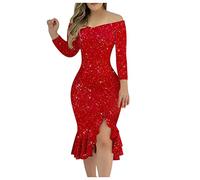 SYDUZAX Robe Paillette Femme Robe De Soiree Femme Chic Et Glamour Robe Sexy Femme Slim Fit Robes De Cocktail Manches Longues Une Épaules Dénudées Robe de Ceremonie Femme Grande Taille Coupe Ajustée
