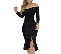 SYDUZAX Robe Paillette Femme Robe De Soiree Femme Chic Et Glamour Robe Sexy Femme Slim Fit Robes De Cocktail Manches Longues Une Épaules Dénudées Robe de Ceremonie Femme Grande Taille Coupe Ajustée