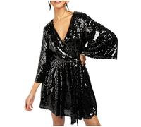 SYDUZAX Robe Paillette Femme Sexy Robe de Fete Femme Manches Longues Col V Robe Paillette Disco Femmes Danse Latine Robe Courte Femme Grande Taille Robe de Soiree Femme Lâche Respirant Coupe Ajustée