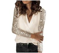 SYDUZAX T-Shirt à Paillettes Femme Patchwork Pull à Manches Longues et Col en V pour Femme Haut Chic Et élégant Sexy Chemise Femme Brillantes Paillettes Tee Shirt Tunique Casual Loose Tops Pas Cher